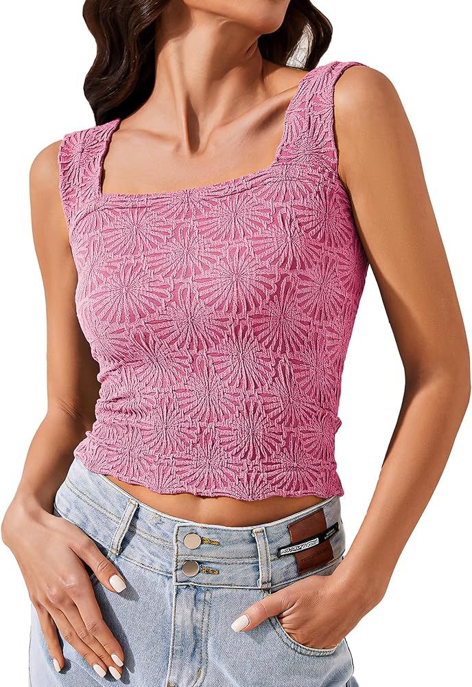 Cropped Tank Tops for Women Square Neck Wide Straps Crop Tank Tops Backless Lettuce Trim Slim Fit... | Amazon (US)