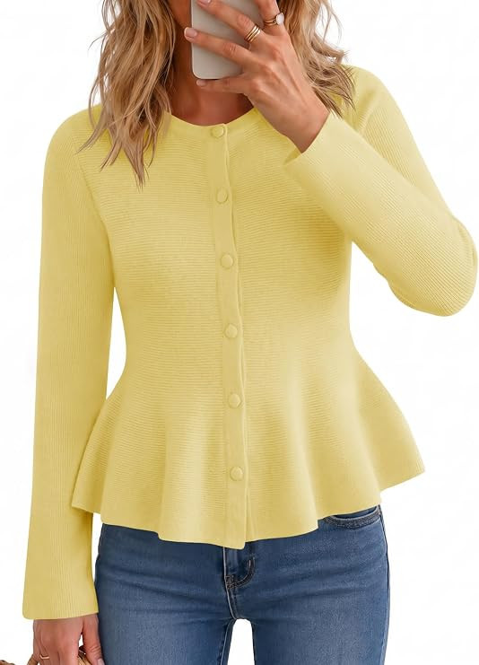 Saodimallsu Womens Peplum Tops Ruffle Cropped Cardigan Trendy Knit Sweater | Long Sleeve,Button U... | Amazon (US)