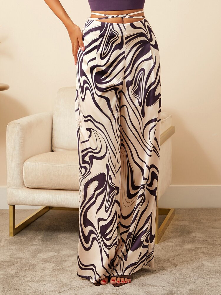 SHEIN NEWNESS Crisscross Tie Back Marble Print Wide Leg Pants | SHEIN