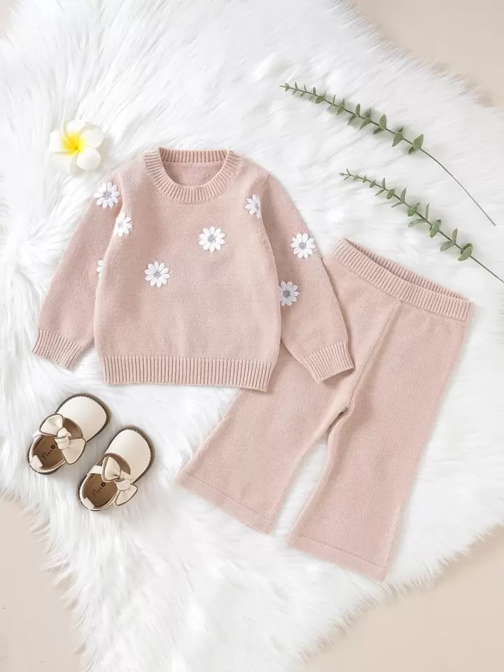 Baby Floral Embroidery Sweater & Knit Pants | SHEIN