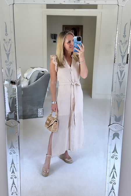 Light, beige gauze midi dress
With double ruffle, shoulder detail, and self belt 
Perfect for summer beach vacation  and date night
Fits true to size 
I’m 5’2” tall and wearing  XS

#LTKOver40 #LTKStyleTip #LTKSeasonal
