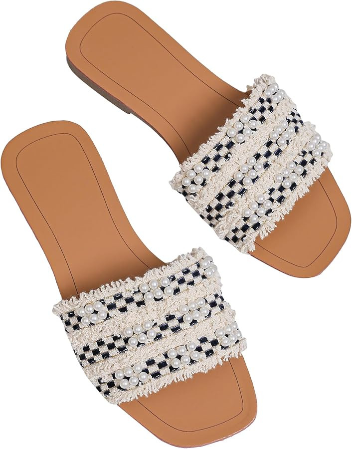 GORGLITTER Women's Summer Beach Flat Cute Sandals 2025 Color Block Faux Pearls Decor Leather Flat... | Amazon (US)