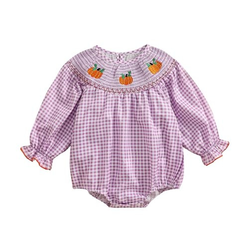 Omkzanbi Baby Girl Halloween Pumpkin Embroidery Smocked Bubble Romper Retro Plaid Bodysuit Cute Toddler Fall Puff Jumpsuit (Purple, 6-12 Months) | Amazon (US)