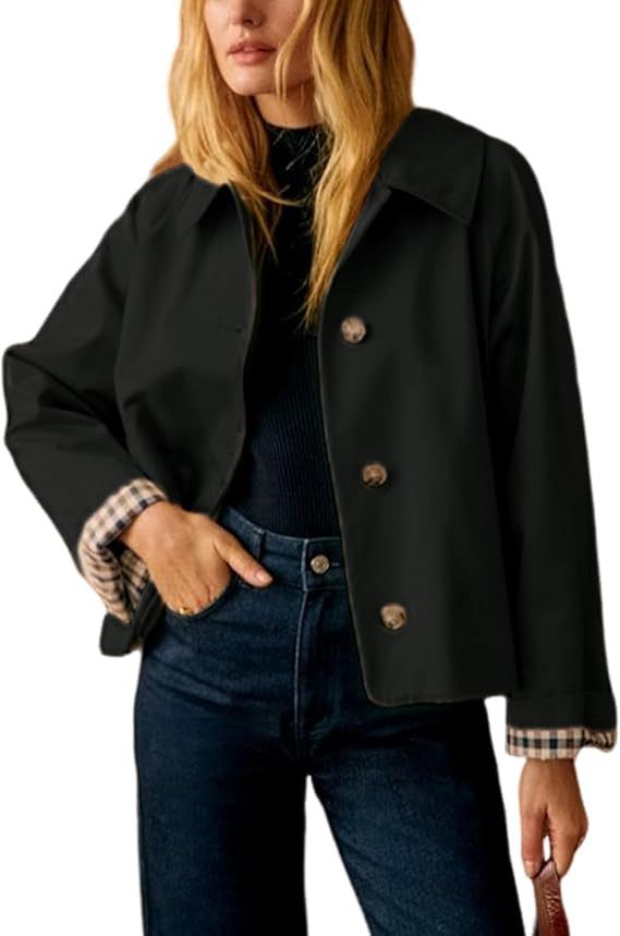 Yeokou Women Oversize Trench Coat Plaid Lining Lapel Button Down Casual Crop Jacket Outwear with ... | Amazon (US)