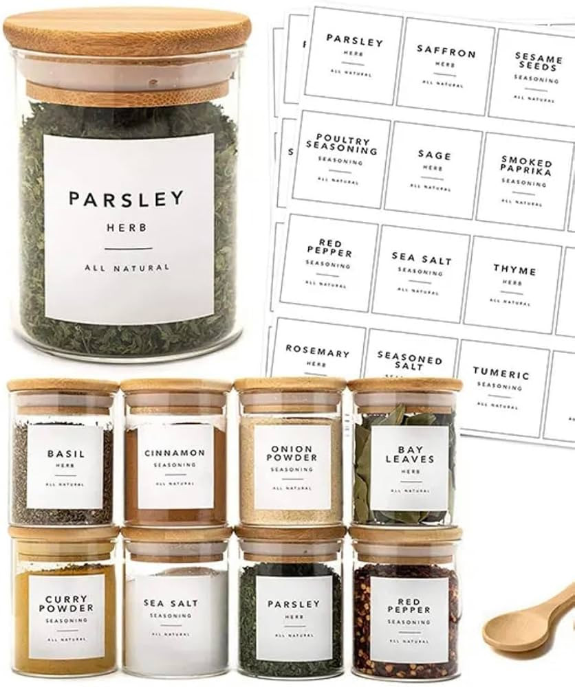 12 Pcs Glass Spice jars with label and airtight Bamboo lid, 6oz containers seasoning storage Bott... | Amazon (US)