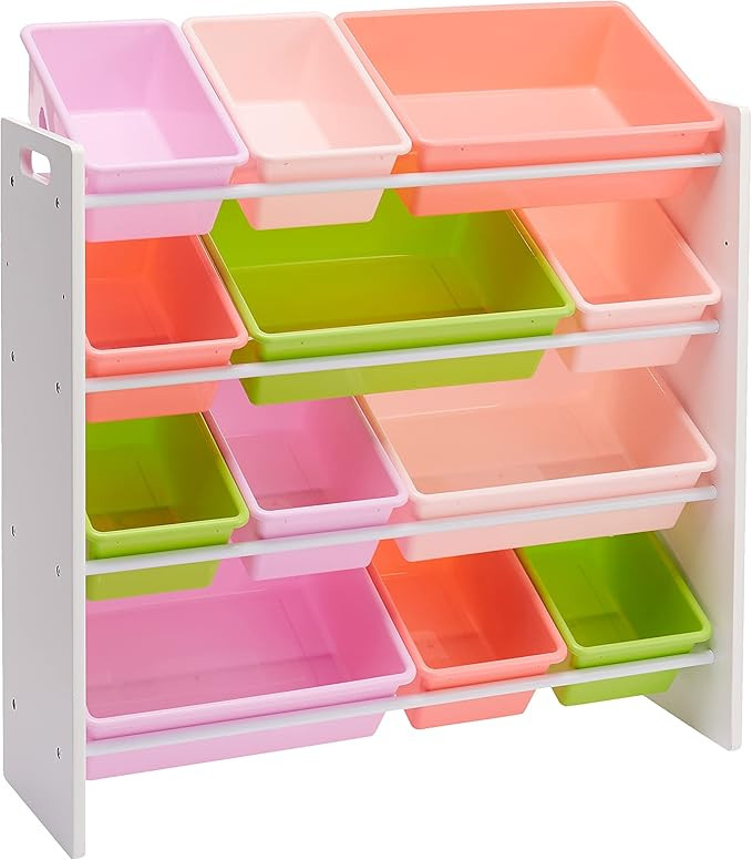Amazon Basics Kids Toy Storage Organizer With 12 Plastic Bins, White Wood With Pink Bins, 10.9" D... | Amazon (US)