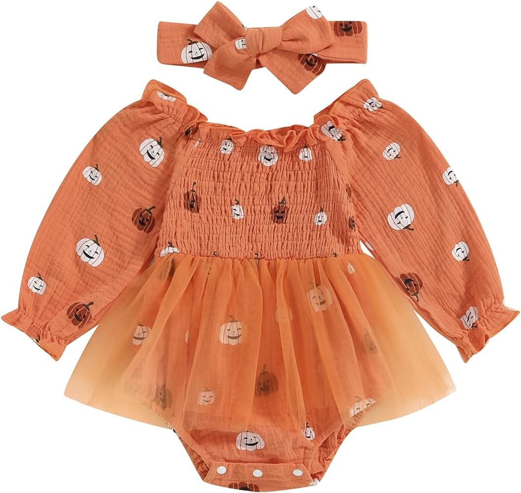 Newborn Baby Girl Halloween Outfit Pumpkin Long Sleeve Bubble Romper Dress Fall Winter Clothes | Amazon (US)