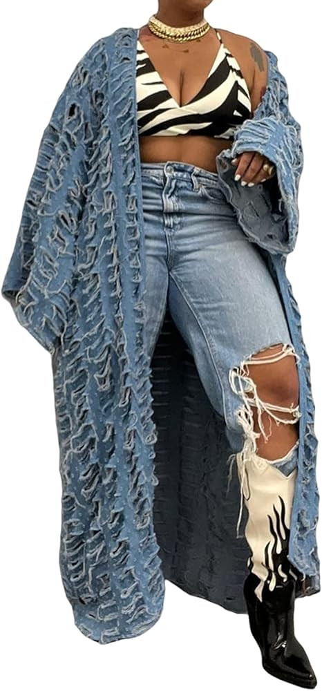 Women's Oversized Ripped Denim Long Cardigan Distressed Hollow Open Front Kimono Robe Duster Jean... | Amazon (US)