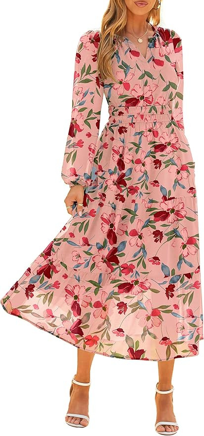 Simplee Women's Floral Boho Long Sleeve Maxi Dress V Neck Empire Waist Swing Flowy Wedding Guest ... | Amazon (US)