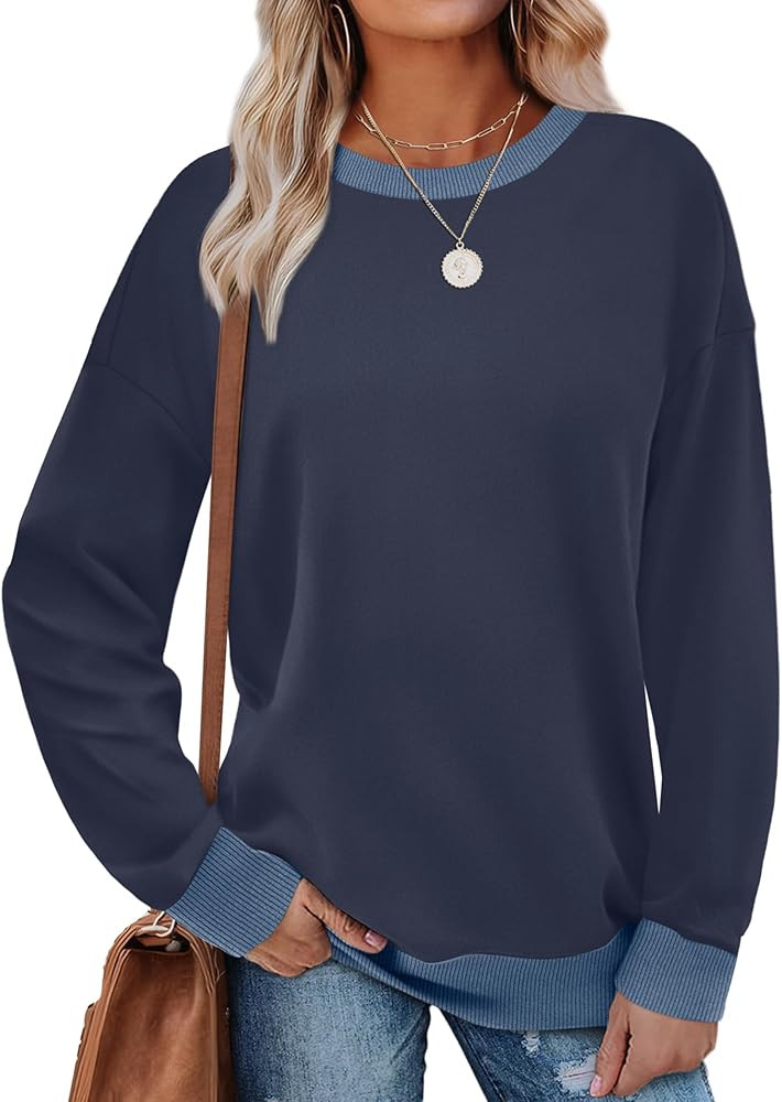 Saloogoe Sweatshirts for Women Crewneck Long Sleeve Loose Fit Tops Color Block Ribbed Trim Fashio... | Amazon (US)
