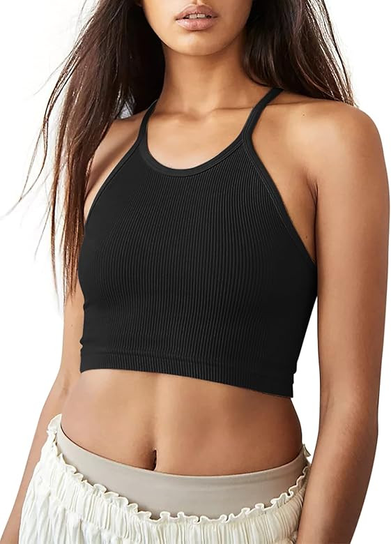LASLULU Sports Bra for Women Crop Tops Racer Back Tank Tops Longline Workout Yoga Bra Halter Neck Cr | Amazon (US)