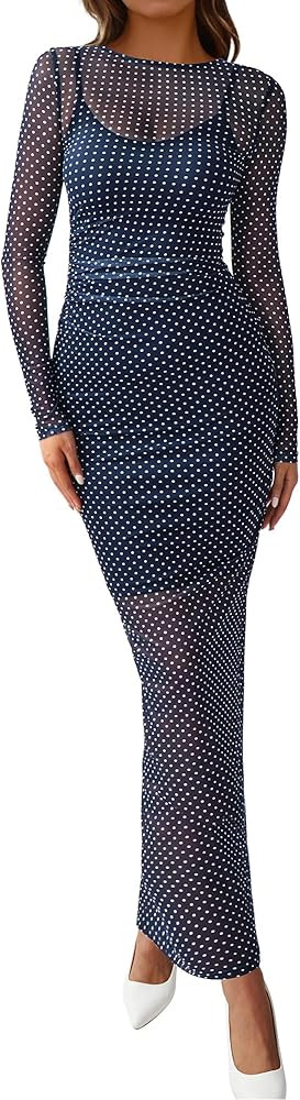 BTFBM Spring Dresses for Women 2026 2 Piece Set Long Sleeve Polka Dot Sexy Bodycon Mesh Dress and... | Amazon (US)