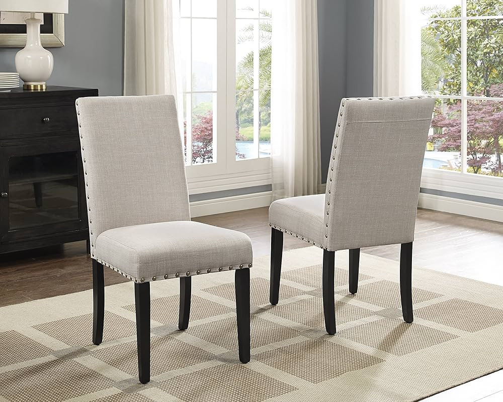 Roundhill Furniture Biony Tan Fabric Dining Chairs with Nailhead Trim, Set of 2, Brown, Tan | Amazon (US)