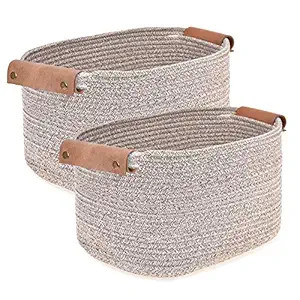 Labcosi Cotton Woven Rope Storage Basket with Leather handles, Nursery Storage Bins and Organizer... | Amazon (US)