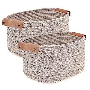 Labcosi Cotton Woven Rope Storage Basket with Leather handles, Nursery Storage Bins and Organizer... | Amazon (US)