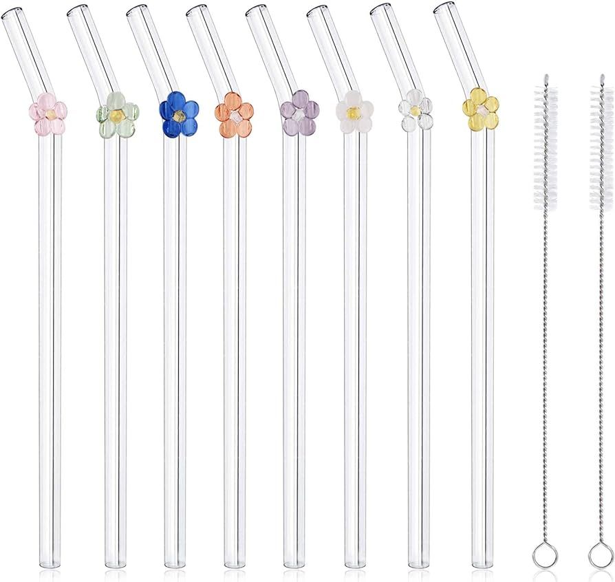 Flower Straws Reusable for Smoothies, Bent Glass Straws, 8 Pcs Cute Straws with 2 Straw Cleaner B... | Amazon (US)
