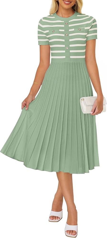 ZESICA Women's 2026 Casual Striped Midi Dress Crewneck Short Sleeve Button Ribbed Knit Swing Plea... | Amazon (US)