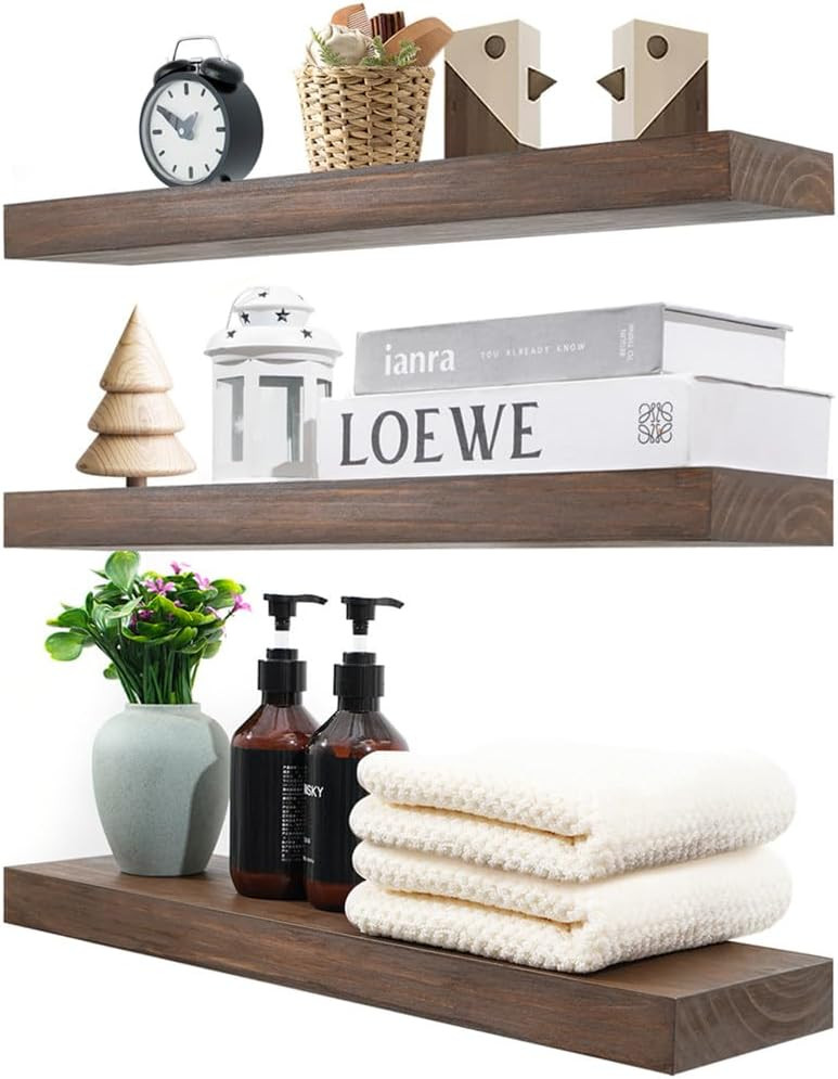 Zuiguoshan Wood Floating Shelves for Wall Set of 3, 22 Inch Rustic Floating Shelf Wall Mount, Solid Wooden Bathroom Floating Shelves for Kitchen, Bedroom, Living Room - Dark Walnut | Amazon (US)