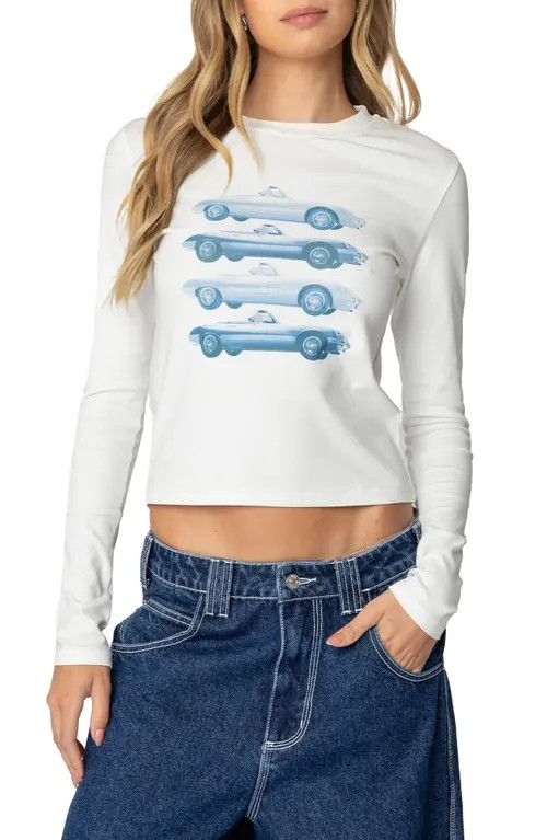 EDIKTED Car Club Long Sleeve Graphic T-Shirt in White at Nordstrom, Size Large | Nordstrom