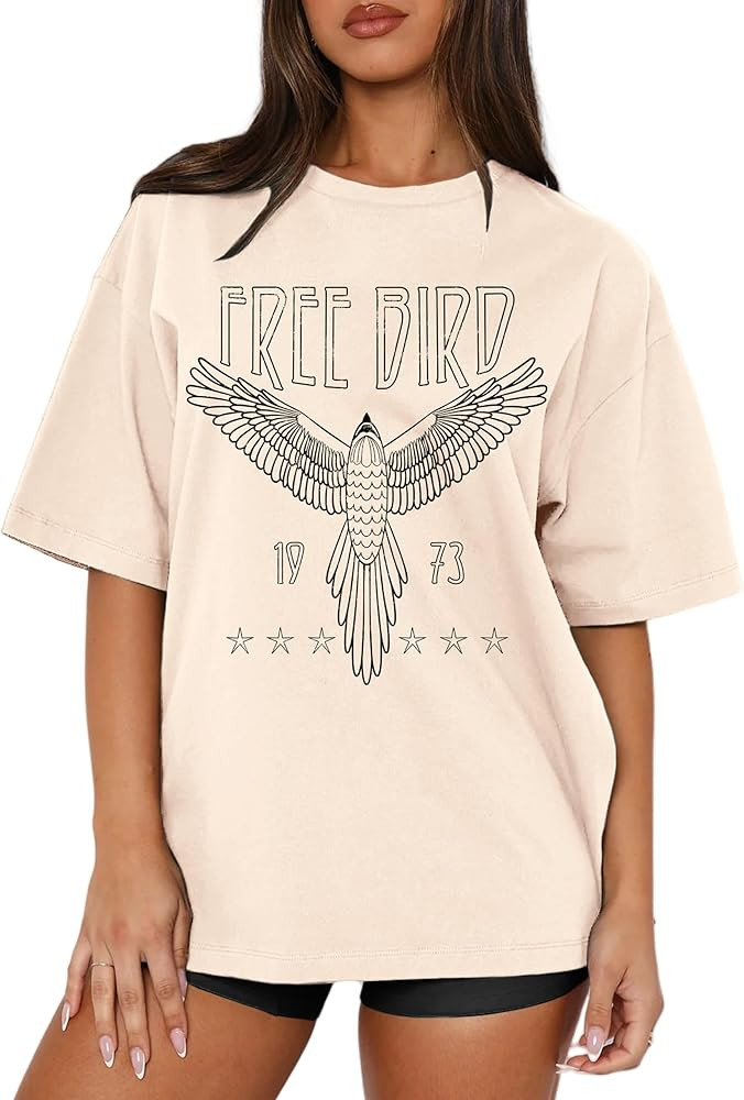 MAPICK Women Oversized Free Bird T-Shirts Vintage Eagle Graphic Short Sleeve Tees Casual Band Mus... | Amazon (US)