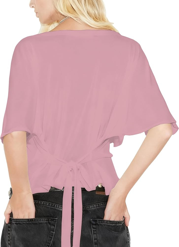 Womens Summer High Stretchy Crop Top Short Sleeve Tie Slim Cinched Waist Workout Shirts | Amazon (US)