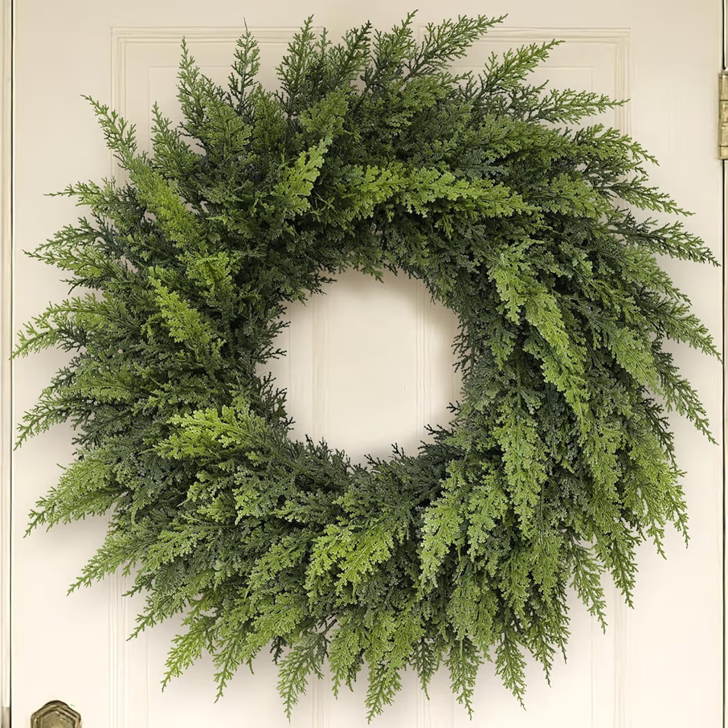 24" Real Touch Christmas Cedar Wreath - Artificial Cedar Wreaths Faux Green Fake Pine Needles Wre... | Amazon (US)