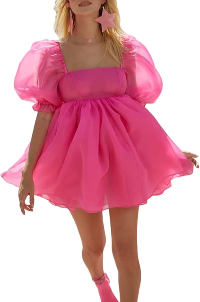 SOLILOQUY Women Puff Sleeve Off Shoulder Princess Mini Dress Lace Tulle Ruffle Mesh Party Skirts ... | Amazon (US)