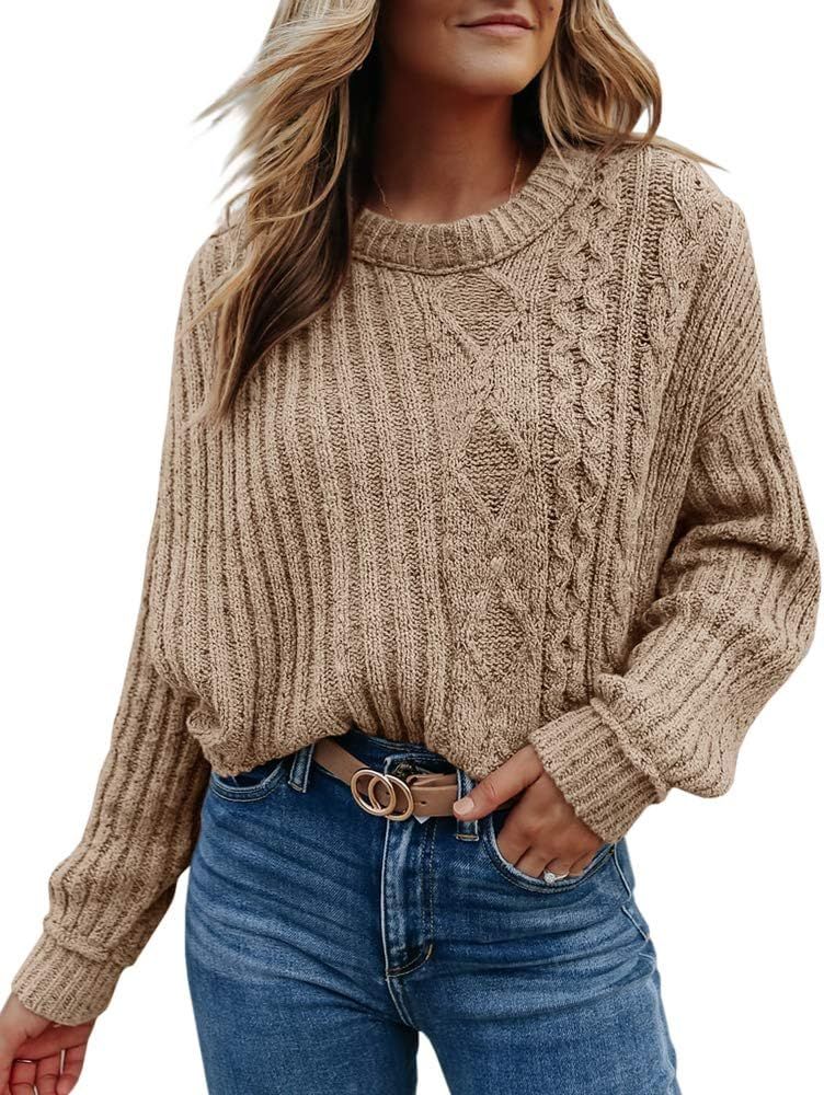 Womens Crew Neck Pullover Sweaters Long Sleeve Chunky Cable Knit Casual Off Shoulder Loose Fit Solid | Amazon (US)