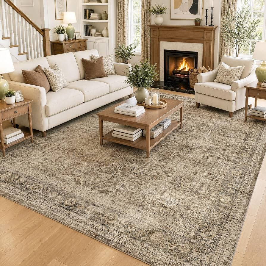 FMFUNCTEX 9x12 Washable Brown Neutral Vintage Soft Area Rug for Living Room | Amazon (US)