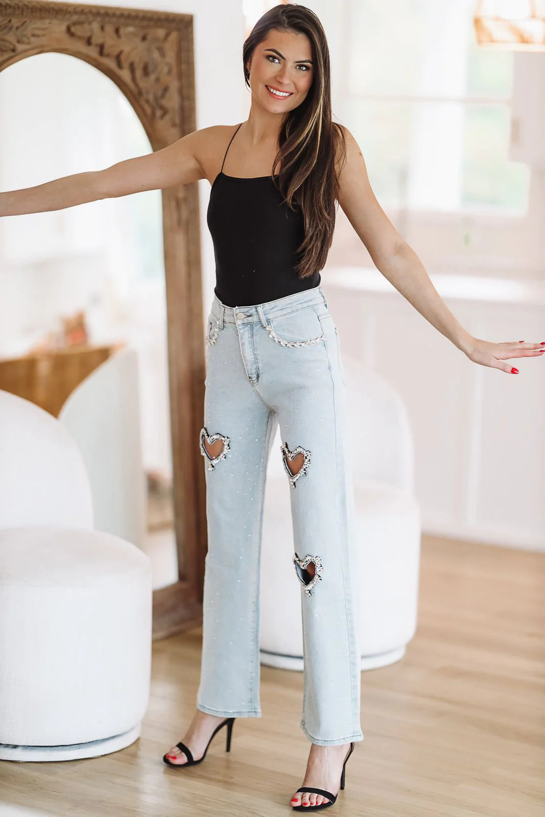 Heart Embellished Jeans - Light Wash | Hazel and Olive