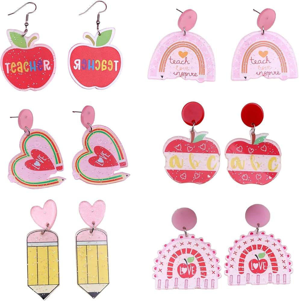 Pack of 6 Pairs 2024 Graduation Teacher Earrings for Women Bulk Acrylic Apple Heart Rainbow Penci... | Amazon (US)