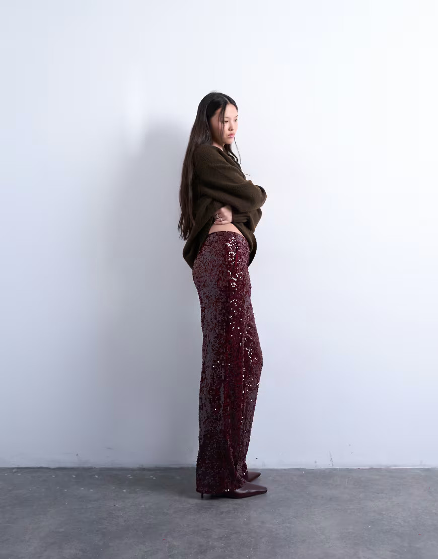 Topshop sequin tailored trouser in burgundy | ASOS (Global)