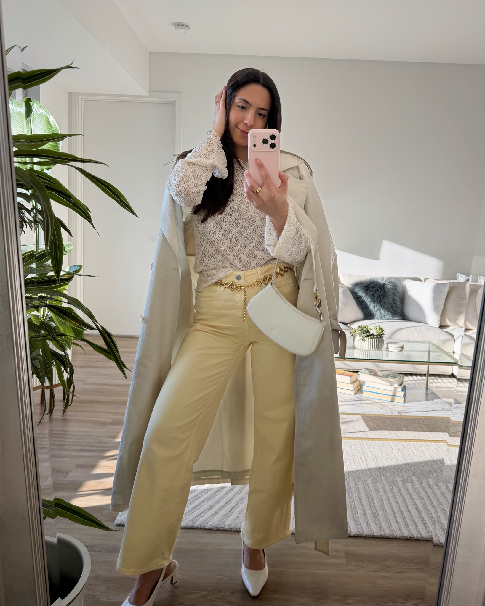 Spring outfit of the day, butter yellow jeans, wide leg jeans, lace top, trench coat outfits, trench coat style, spring outfit inspiration, baby shower outfit 

#LTKSeasonal