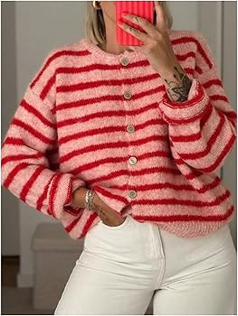 Milumia Women's Striped Button Up Cardigan Sweater Y2k Fall Long Sleeve Crewneck Oversized Sweate... | Amazon (US)