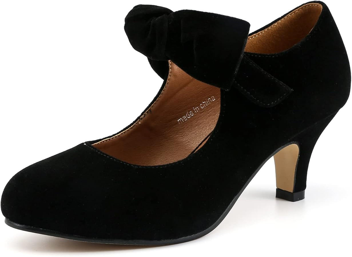 LIURUIJIA Women's Bow Mary Jane Kitten Heel Pumps Round Toe Low Heels Ankle Strap Wedding Dress E... | Amazon (US)