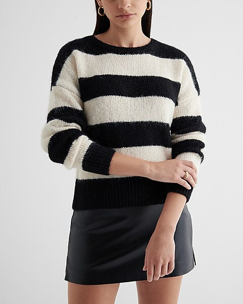 Striped Fuzzy Knit Crew Neck Sweater | Express
