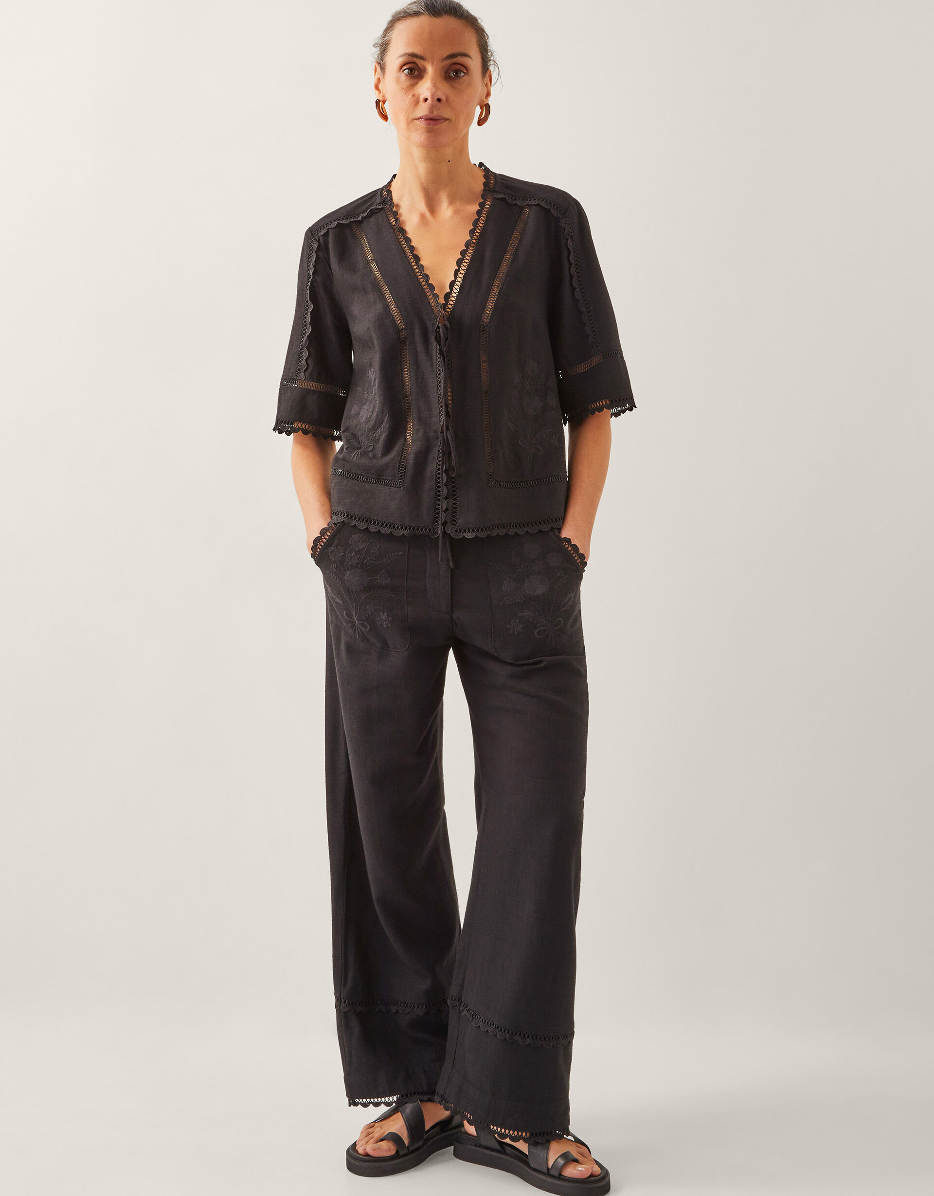 Hayley Embroidered Linen Blend Trousers Black | Monsoon (UK)