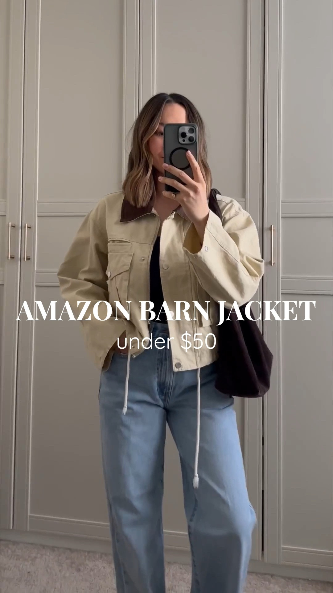 Amazon barn jacket find under $50 - wearing small, 100% cotton 

Aritzia Farrah wide leg jeans 
Madewell Greta ballet flats
Reformation tote 

Prime day

#LTKootd