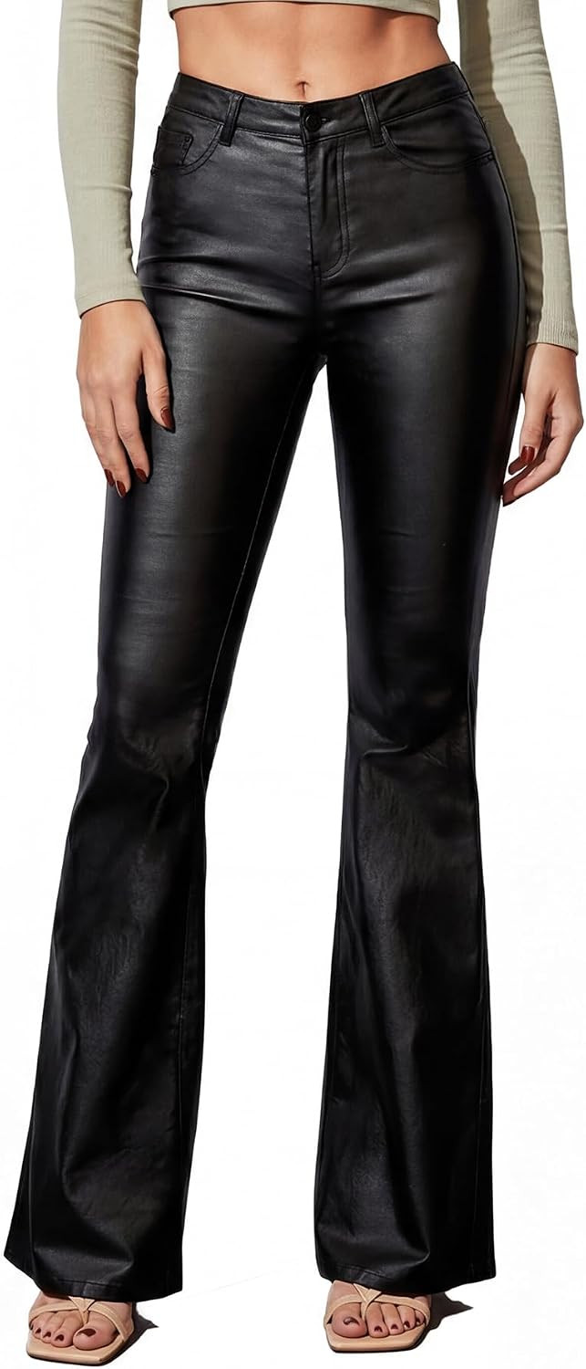 THE LOVE BRAND Women's Faux Leather Coated Flare Pants Mid Waist Black Leather Pants Black Skinny Leggings with Pockets | Amazon (US)