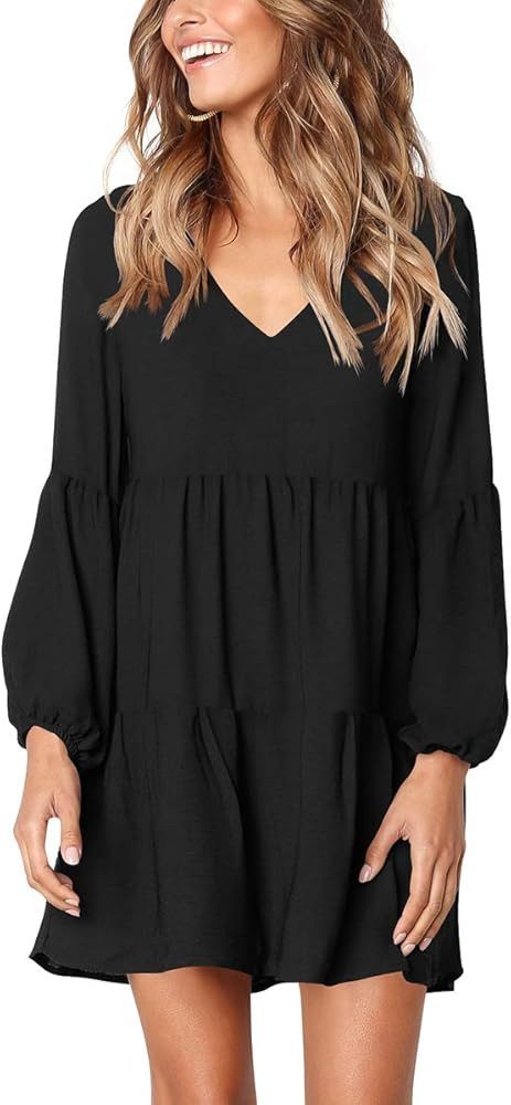 Womens Printed Swing Shift Dress Long Sleeve V Neck Tunic Dress | Amazon (US)