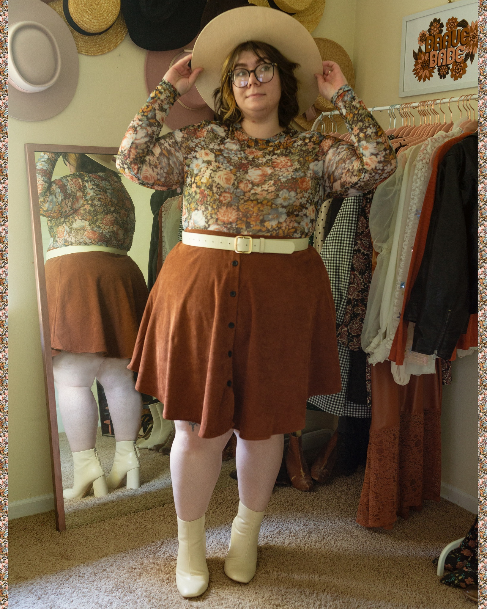 Plus size mesh floral brown corduroy midi skirt white boots autumn fall outfit

#LTKSeasonal #LTKstyletip #LTKplussize
