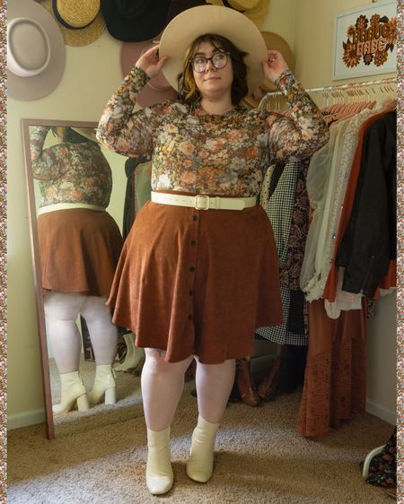 Plus size mesh floral brown corduroy midi skirt white boots autumn fall outfit

#LTKSeasonal #LTKstyletip #LTKplussize