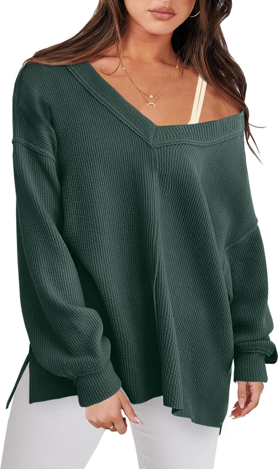 ANRABESS Oversized Sweatshirt for Women Off the Shoulder V Neck Sweater Top | Amazon (US)