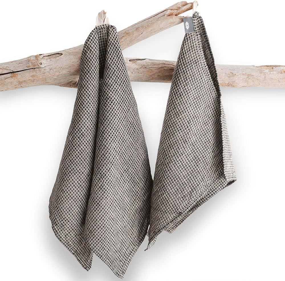 Pure 100% Linen Kitchen Towels - Set of 2 Linen Tea Towels Waffle Weave Black-Natural - 13 x 29-i... | Amazon (US)