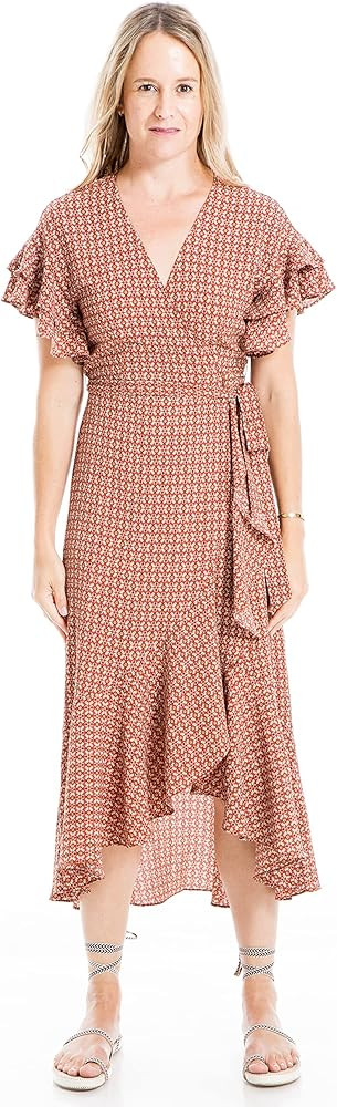 Max Studio Women's Ruffle Crepe High/Low Wrap Midi Dress | Amazon (US)