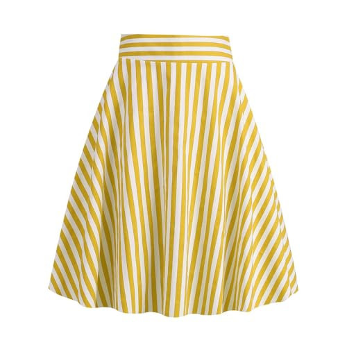 Long Skirts for Women Casual Vintage Striped High Waist Zipper Dress Printed Pleated Flowy A-Line Flared Skirt Yellow Long Maxi Skirt L | Amazon (US)