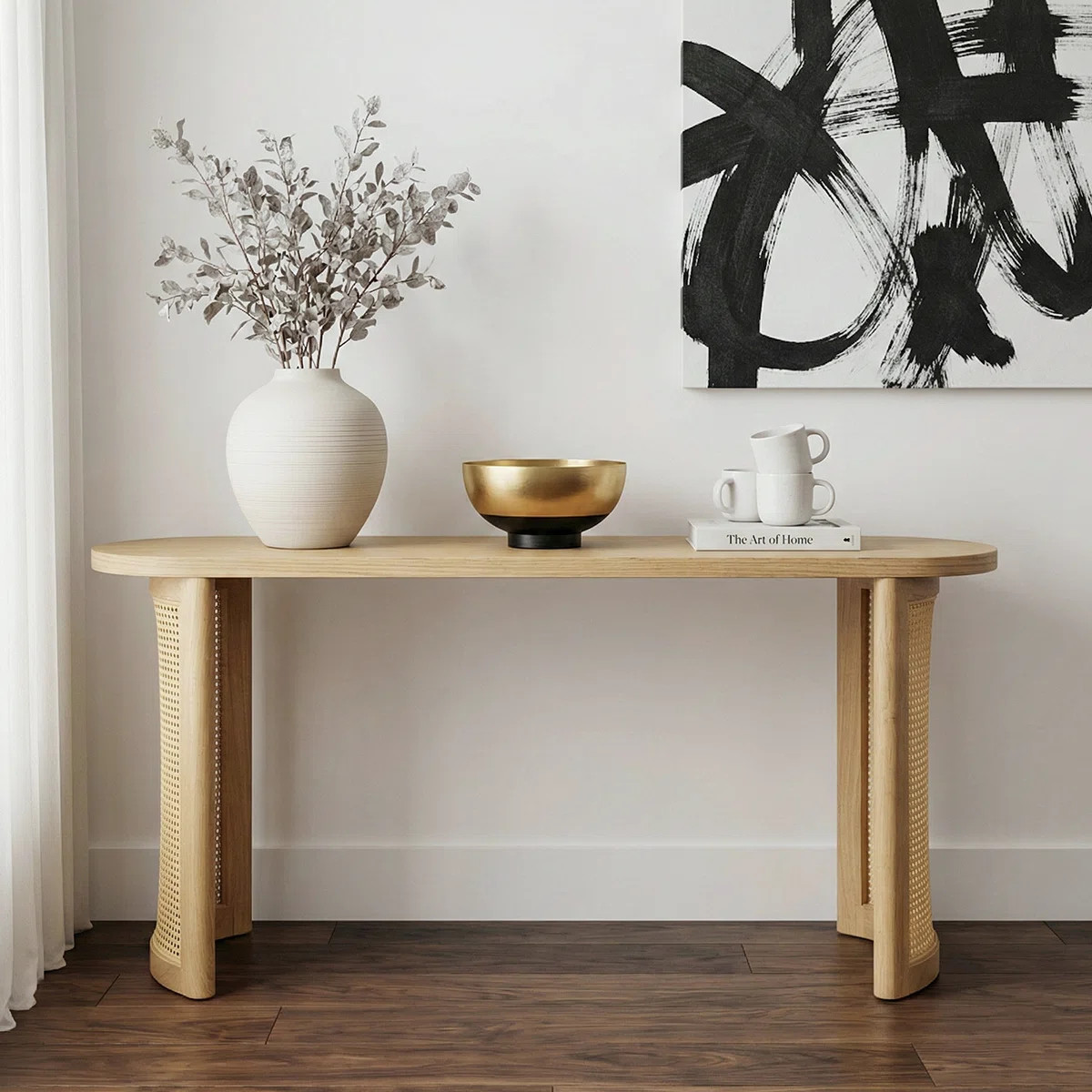 Ankit 60" Solid White Oak  Rattan Console Table | Wayfair North America