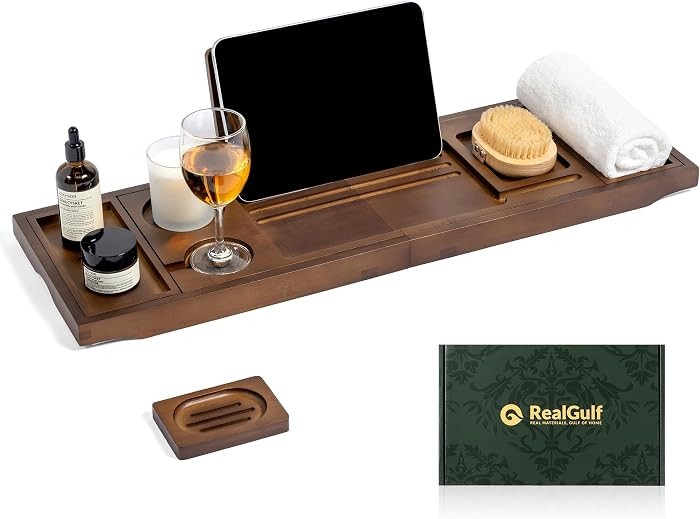 Bamboo Bathtub Tray, Bath Caddy with Wine Glass Holder, Phone Dock & Book Stand | Hands-Free Read... | Amazon (US)
