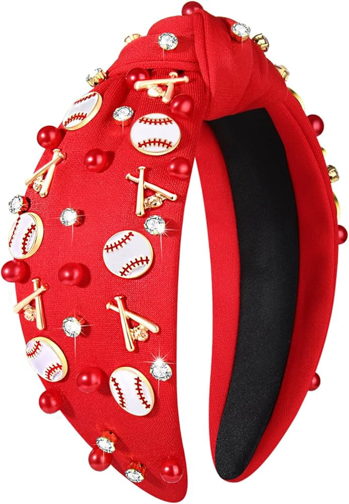 Baseball Headband for Women Crystal Pearl Knotted Headband Baseball Charms Rhinestone Beaded Embe... | Amazon (US)
