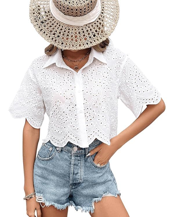 SweatyRocks Women's Short Sleeve Button Down Eyelet Crochet Shirt Asymmetrical Hem Crop Top Blous... | Amazon (US)